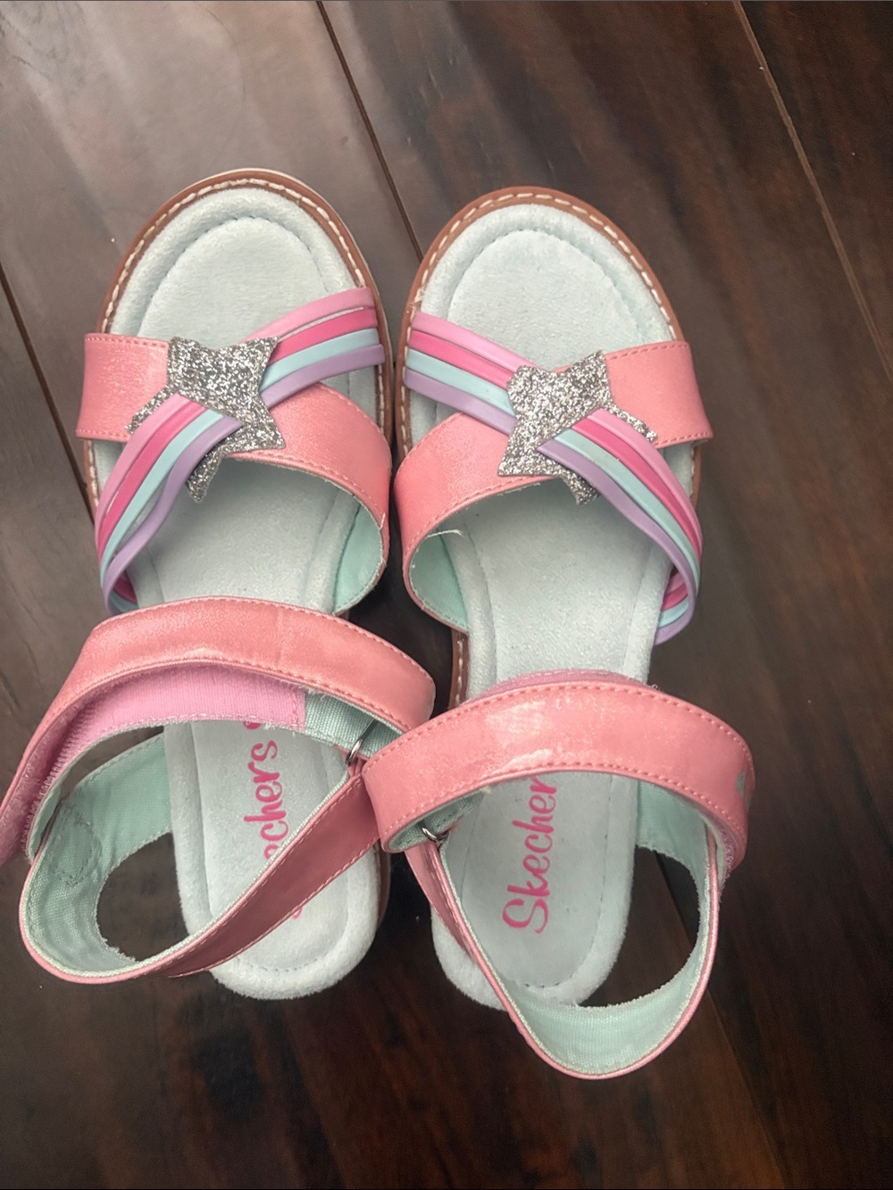 Skechers Girls Pink Glitter Star Strappy Sandals with Pastel Accents brand new
